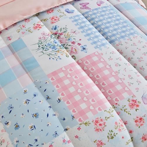 Image of Joyreap 4 Piece Toddler Bedding Set- Pink n Blue Patchwork Design, Microfiber Toddler Bedding Comforter Set for Girls