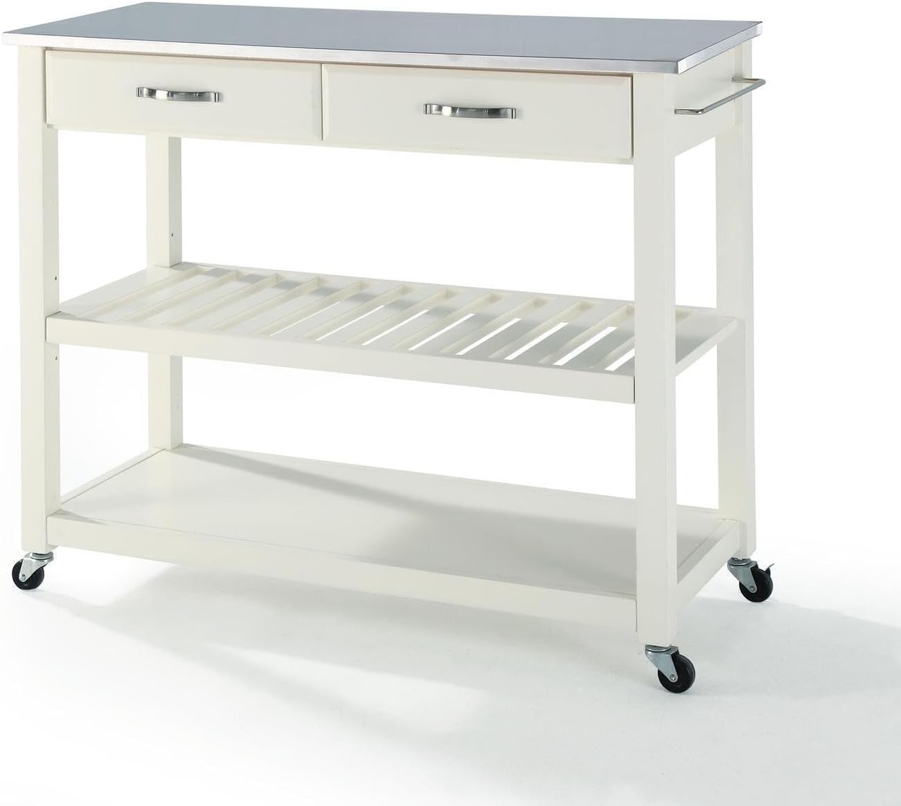 HomeStock Seaside Style Portable Kitchen Cart with Top - 18 X 42 X 36 Inches,Tiered Shelved Storage, Slatted Shelf for Wine Storage, Modern Prep Cart White/Stainless Steel Top