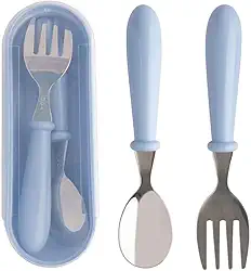Jogo Talheres Colher Garfo Inox Infantil, Kit Com Estojo Bebê, introdução alimentar, passeios e viagens (Azul)