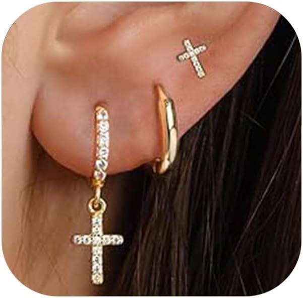 3 Pairs 14K Gold Plated Cross Cubic Zirconia Hoop Earrings Set, Hypoallergenic Cartilage Stud and Dangle Earrings for Women Everyday Jewelry