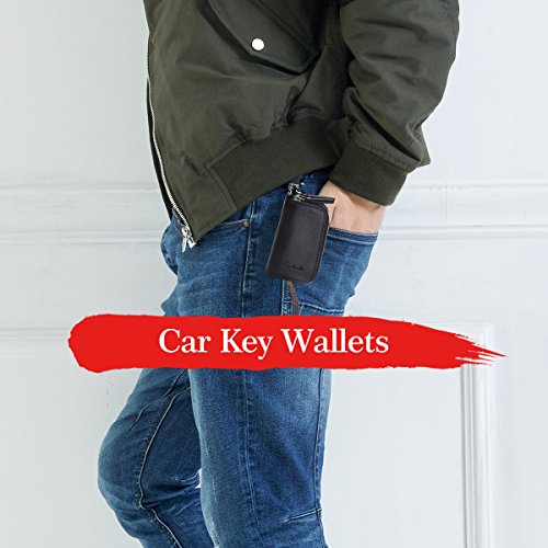Contacts Genuine Leather Double Zipper Car Key Case Holder Wallet Key Bag, Black, One Size #TOP6