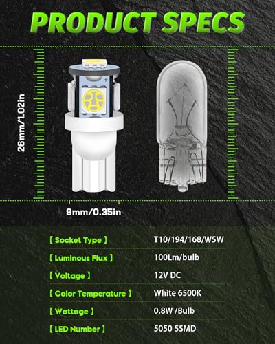 Alopee Led 194 Bulb White 6500K T10 Wedge Led Lights 5SMD 5050 Chips 12V Replacement for 158 168 193 198 2825 W5W Interior Car Lights Dome Map Door Trunk Light, Pack of 30