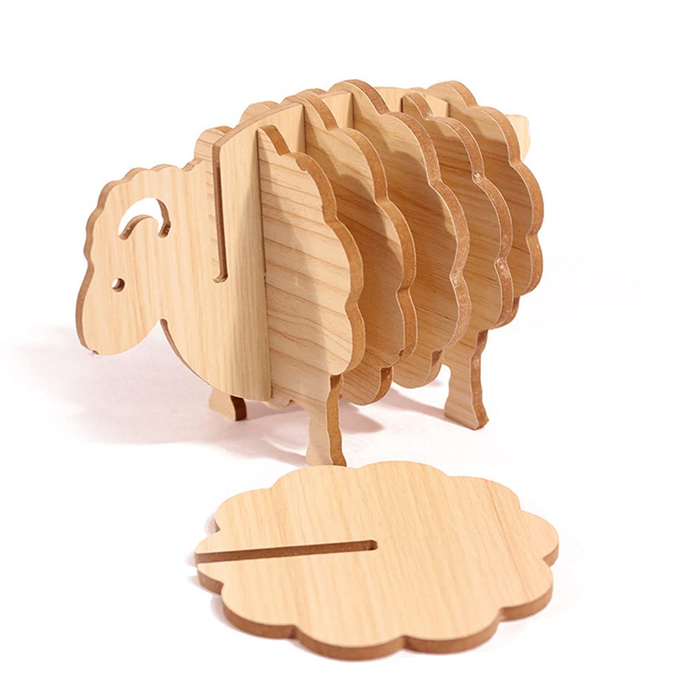 Runaup 6 PCS Wooden Sheep Coasters Set, Cute 3D Lamb Coasters for Drinks Beer Wine Glass Tea Coffee Cup Mug