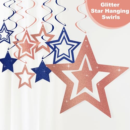 Image of Navy Rose Gold Pink Birthday Party Decorations Supplies Happy Birthday Banner Honeycomb Balls Fringe Curtain Foil Balloons Hanging Swirls Cake Topper Tablecloth Party Supplies for Women Girls