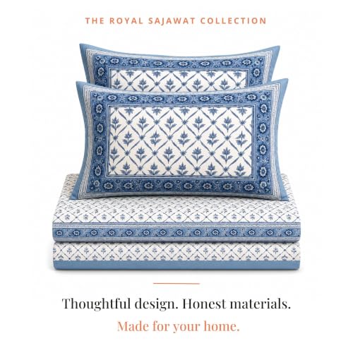 Image of Naksh Queen Size Bed Sheet Cotton | Dusty Blue Lattice Botanical Bedsheet with 2 Pillow Covers | Soft Breathable Blue Printed Bedding Set | Royal Sajawat Collection |