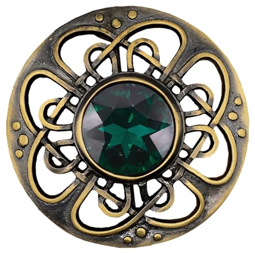 Image of Elegant Culloden Plaid Brooch - Scottish Kilt Fly Plaid Brooch Intricate Celtic Knot in Pewter with Gemstone 3-Inch Diameter - Ideal for Scottish Kilts & Formal Wear