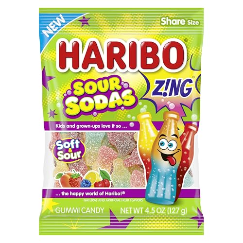 Haribo Sour Sodas Gummy Candy, 4.5 oz (Pack of 12) - Soft & Chewy Gummi Sweet Treats in Assorted Tangy Fruity Fusion Flavors, No Artificial Colors
