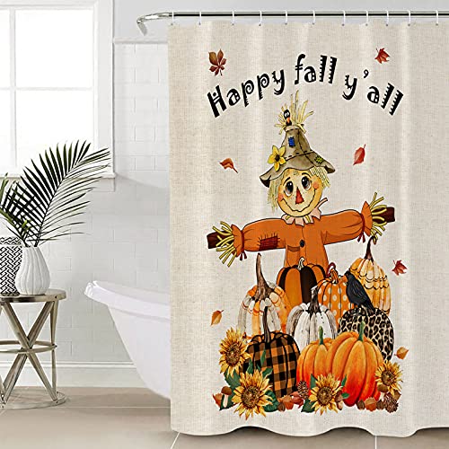 Fall Shower Curtains For Bathroom With Hooks Thanksgiving Happy Fall Y'all Pumpkin Sunflower Scarecrow Waterproof Durable Fabric Bath Curtain Autumn Bathroom Accessories For Showers & Bathtubs #TOP3