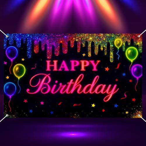 BlissYard Neon Happy Birthday Banner 71x43 Inch Glow in the