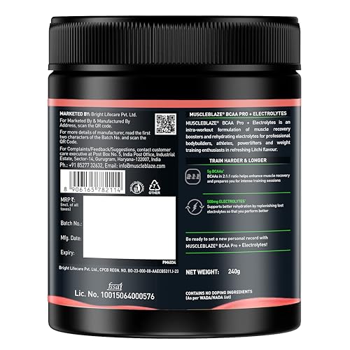 Image of MuscleBlaze BCAA Pro Powder, Powerful Intra Workout (Litchi, 240g, 30 Servings) | With 5g BCAAs & 500mg Electrolytes