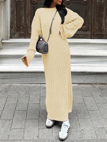 Saodimallsu Womens Oversized Cable Knit Sweater Dress Drop Shoulder Long Sleeve Loose Fall Midi Pullover Sweater Dresses2