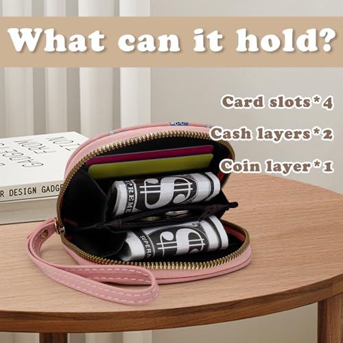 Wristlet Wallets for Women, 4 Slots&1 Zipper Pocket&2 Cash Bags Zip Around Cute Wallet Easy to Carry (Pink)3