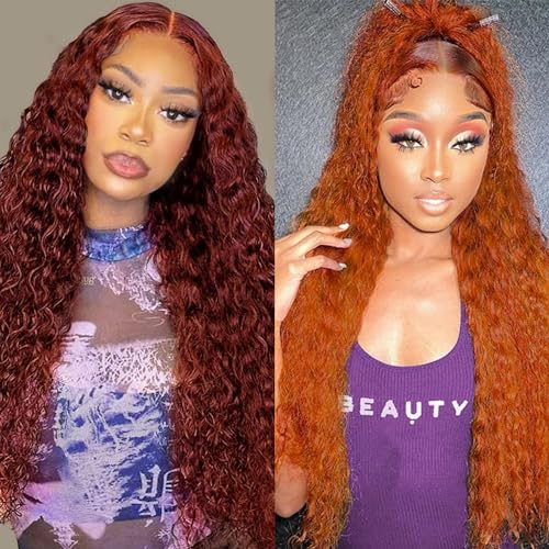 Reddish Brown 13x4 Deep Wave Lace Front Wigs 26 Inch+Ginger Orange 13x4 Deep Wave Lace Front Wigs 32 Inch