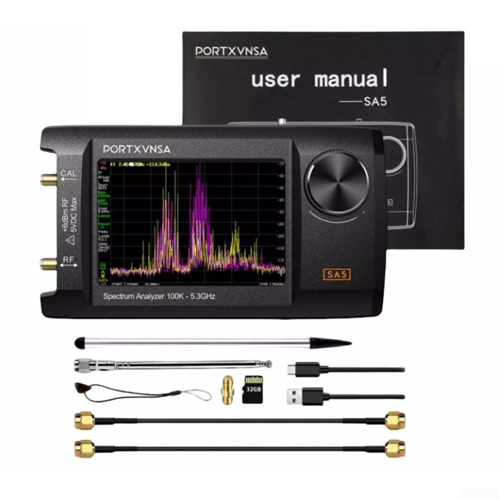Portátil para analizador de espectro, SA5 100K-5.3GHz Generador de señal IPS LCD IFA de 4 pulgadas para medición de pruebas RF (con tarjeta de memoria 32G)