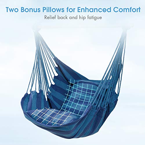 Giantex Hammock Chair Hanging Rope Swing, Indoor / Outdoor Cotton Hammock Hanging Rope Chair With 2 Cushions For Bedrooms Patio Porch Yard Balcony Tree Swing Chair (Blue, 2) #TOP2