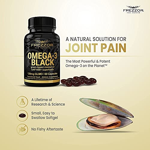 FREZZOR Omega 3 Black for Joint Care & Comfort - New Zealand Green Lipped Mussel Oil Capsules; 53x Higher Potency with UAF1000+ Super Antioxidant, No Fishy Aftertaste, 60 Count (Pack of 3) - Image 7