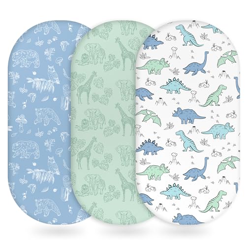 Image of Unnivoll Baby Bassinet Sheets Girl Boy, Fitted Bassinet Sheet Set 3 Pack Bassinet Mattress Sheets Universal Fit for Rectangle, Round, Oval, Hourglass Mattress, Soft Breathable Green & Blue Dinosaur