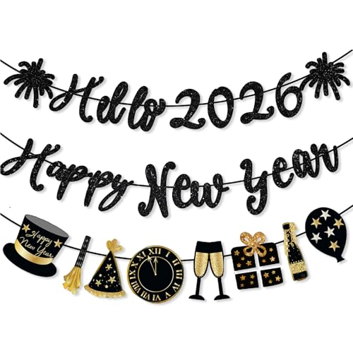 Happy New Year Banner,New Years Eve Decorations 2026 Year's Celebrations Countdown Party Flag Glitter Champagne Clocks Sign Banners Door Decoration for Porch Festive Black Gold Hanging Bunting