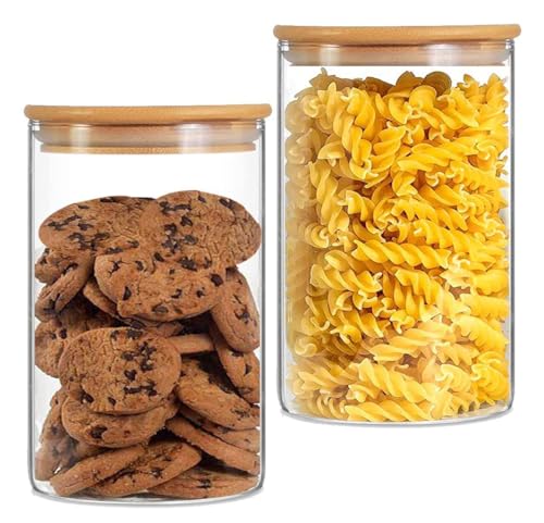Image of MARTVIA Glass Food Storage Jars with Bamboo Lids 1000ml Set of 2, Wide Mouth Lid Jar for Home Kitchen,Flour, Sugar, Coffee, Pasta, Oats, Grains, Cookies, Snacks (Round 1000 ML Jar, SET OF 2)