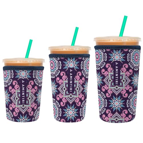 Image of 3 Pack Reusable Sleeve for Iced & Hot Drinks Cup, Neoprene Sleeve Compatible With Starbucks, Dunkin Coffee Cup (Brust Flower)