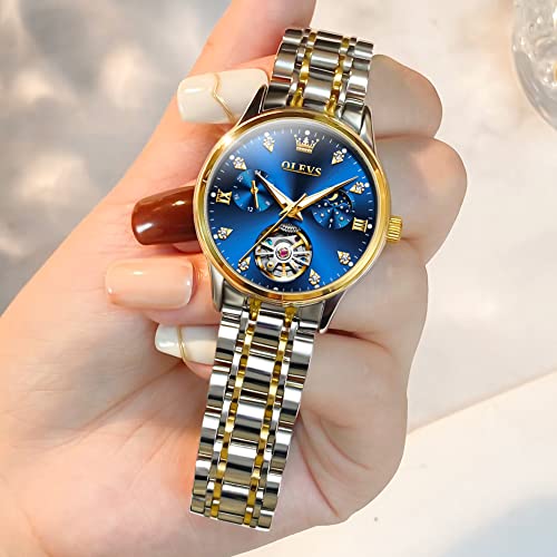 Luxury Automatic Women's Watch - Elegant Two-Tone Stainless Steel Timepiece with Blue Dial, Waterproof and Diamond Accents - Image 8