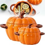 Halloween KüRbistopf, Gusseisen Topf KüRbisform, 17cm 1,6l Keramik KüRbis SuppenschüSsel, Niedliche Schmorpfanne FüR Backofen GeschirrspüLer Mikrowelle Ofen (Komplettset)