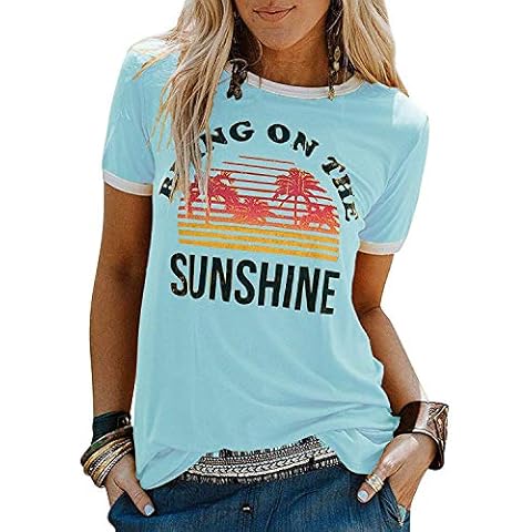 YEXIPO Graphic Tees for Women Short Sleeve Summer Tops Funny Letter Printed Loose Casual T Shirts Sky Blue Cover