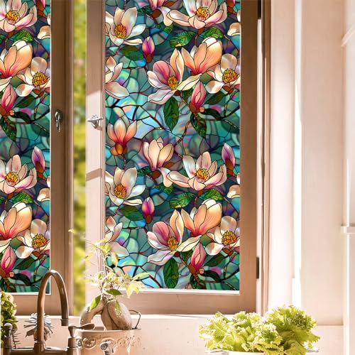 WBQMUNY Magnolia Stained Glass Window Film,Static Cling Window Privacy Film Decorative UV Sun Blocking Non-Adhesive Glass Window Covering for Home Bathroom 17.7\"x39.5\" (BL187)