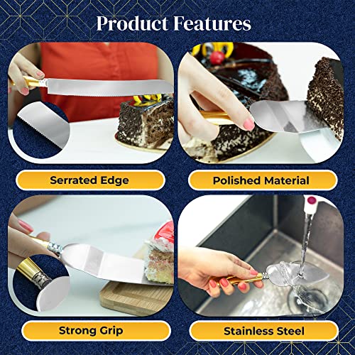 Zzteck Stainless Steel Wedding Cake Knife And Server Set With Golden Handles- Cake Cutter Set With 12" Server & 9.8" Knife - Durable & Dishwasher Safe - Cake Cutting Set For Wedding, Party & Events #TOP5