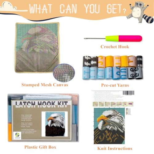 Image of EMISTEM Latch Hook Kits for Adults - DIY Latch Hook Rug Kits, Crochet Kit for Beginners, Rug Making Kits with Printed Canvas, Gift Packaging. (Bald Eagle,15x21)
