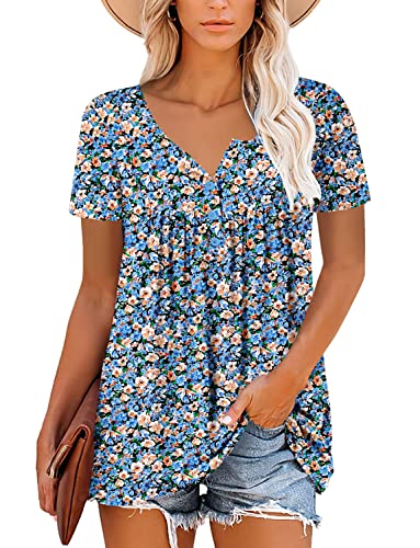 Roselinlin Short Sleeve Summer Shirts For Women Blue Flower Print Scoop Henley Neck Blouse Ladies Ruffle Hem Shirts L #TOP1
