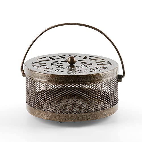 Retyion Portable Iron Mosquito Coil Holder With Handle Retro Lotus Pattern Incense Burner For Indoor Outdoor Camping Use (Brown) #TOP29