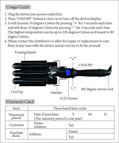 BLUETOP Three Barrel Ceramic Hair Waver with LCD Display, Adjustable Temp Triple Barrel Crimper, Fast Heating Iron, Wavy Hair, Dual Voltage, 1 Count (Pack of 1)