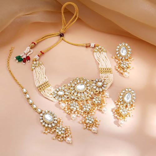 Image of Rubans Necklace Maangtikka Set Gold Plated Kundan & Pearl Jewellery Gift for Women & Girls