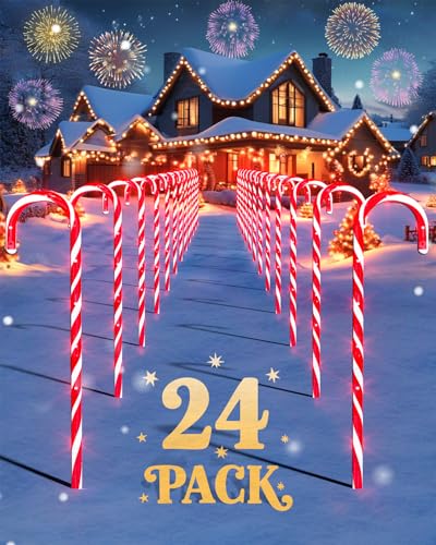 COOLWUFAN 24 Pack Christmas Candy Cane Pathway Lights, Outdoor Christmas Decorations Path Lights with Red LED, Candy Cane Yard Markers for Walkway, Lawn, Garden, Patio, Holiday Landscape Path Décor