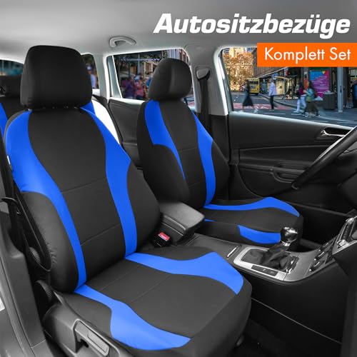 Upgrade4cars Autositzbezüge Set Universal Blau | Auto-Schonbezüge Vordersitze & Rückbank | Autositzbezug Schwarz | Autozubehör Innenraum | Geschenke für Frauen und Männer