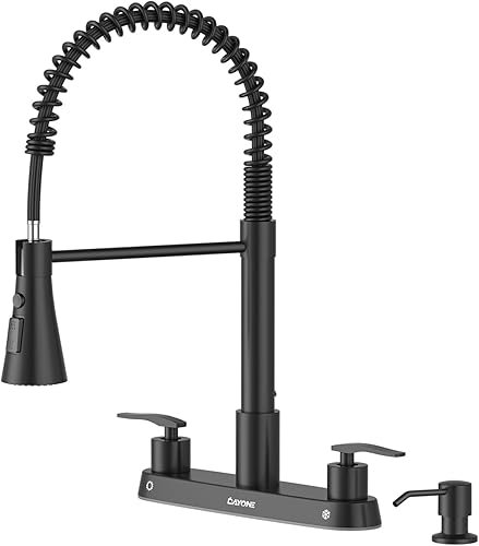 Miniatura 9 de DAYONE DAY-CR2001 - Grifo de cocina con rociador lateral de 2 manijas, níquel cepillado, 8 pulgadas, 4 agujeros, grifo de fregadero de acero