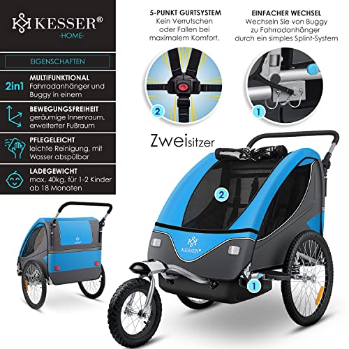 KESSER® Kinderanhänger Fahrradanhänger 360° Drehbar mit Federung 2in1 Joggerfunktion Kinderfahrradanhänger + 5-Punkt Gurt Jogger Fahrrad Anhänger für 1 bis 2 Kinder max. 40kg Inkl. Warnfahne, Blau