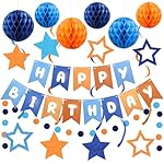 Pre-Strung Happy Birthday Decorations for Boys Men Women, Orange Blue Birthday Banner with Honeycomb Balls, Stars Hanging Swirl Streamers, Circle Dots Garland