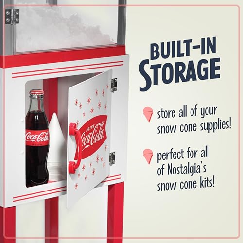 Image of Nostalgia Coca-Cola 48-Inch Tall Snow Cone Cart, Makes 48 Icy Treats, Includes Metal Scoop, Storage Compartment, Wheels For Easy Mobility - Coke Red