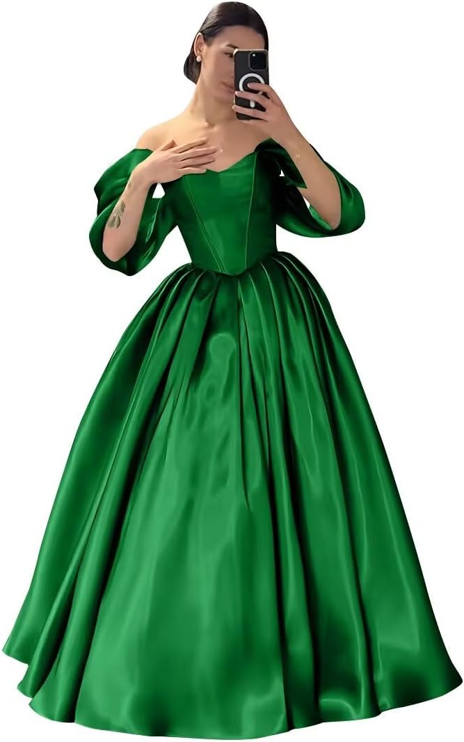 A Line Princess Prom Dress for Women Long Off The Shoulder Satin Corset Lace Up Formal Evening Party Ball Gown