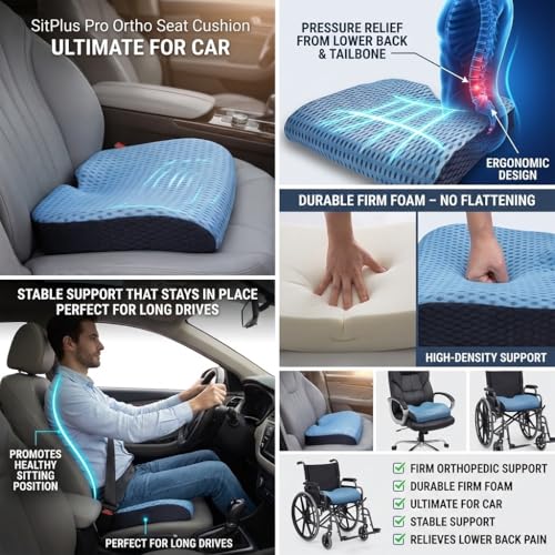 Image of Grin Health Orthopedic Seat Cushion (High Density) Car Seat Cushions Long Sitting Ergonomic Cushion for Chair Pad | Coccyx, Sciatica & Back Pain Relief, Sitting for Car Driving Seat, Medium