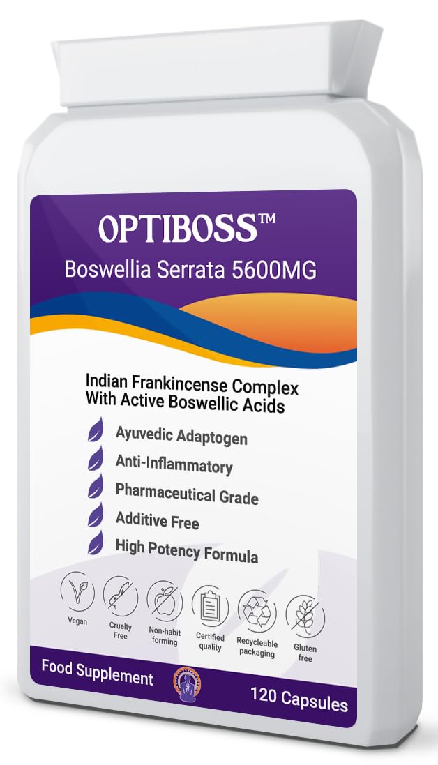 Boswellia Serrata 5600mg 120 Capsules (V) OPTIBOSS Strong Anti-inflammatory & Joint Support, Lung, Skin & Gut. Indian Frankincense Vegan Made in The UK to high GMP Standards