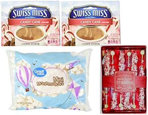 Swiss Miss Candy Cane Hot Cocoa Mix with Peppermint Mini Marshmallows 2 boxes, Peppermint Cocoa Stirrers 8 count and bag of Mini Marshmallows 10 oz