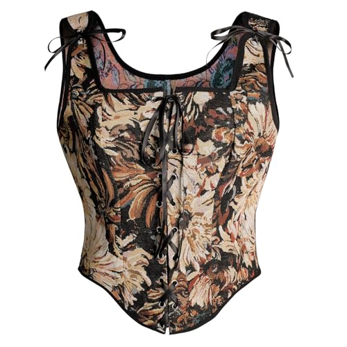 Womens Renaissance Corset Vintage Lace Up Bustier Tops Floral Overbust Corset With Zipper
