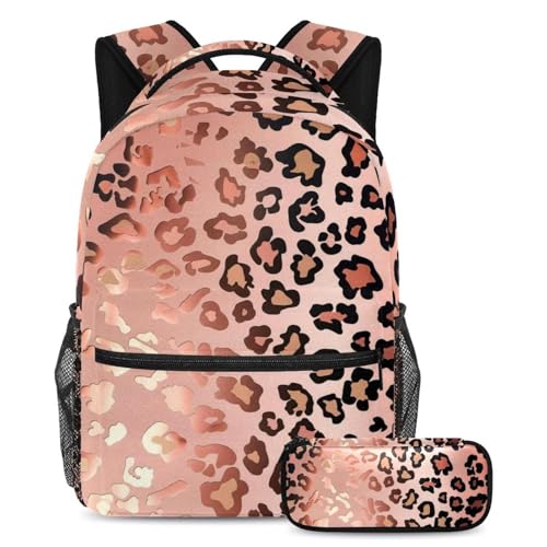Sac à dos léopard or rose grande capacité à double compartiment avec trousse scolaire incluse