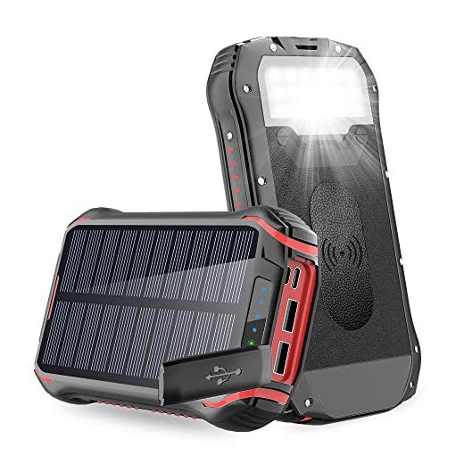 Batterie Externe Solaire 26800mAh Chargeur Solaire Portable QI Power Bank sans Fil 5W avec 4 Ports 3.1A USB&1 Type C Charge Rapide Solaire Batterie,Lampe 18 LED et Crochet pour iPhone Smartphone