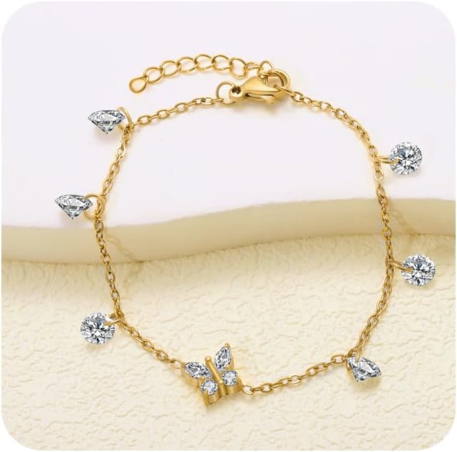 Butterfly Bracelet Surgical Steel 14K Gold Plated Bracelet for Women Tennis Adjustable Bracelets Cute Link Bracelets Hypoallergenic CZ for Trendy Women - Image 2