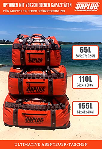 Unplug Ultimate Adventure Bag -1680D Heavy Duty Waterproof Duffel Bag for Boating, Motorcycling, Hunting, Camping, Kayaks or Jet Ski. Gets Gear Through Any Conditions (110L, Adventure Orange)