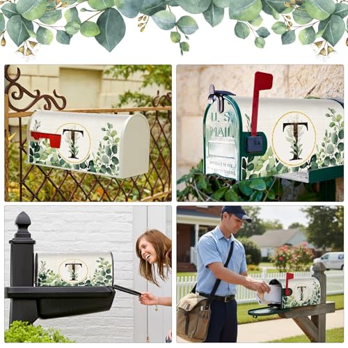 Image of Tiamon Monogrammed T Mailbox Covers Magnetic Eucalyptus Welcome Letter Box Wrap Standard Size 21x18 Inch Spring Summer Leaves Mailbox Decor Eucalyptus Letter Numbers Decoration for Outdoor Garden Yard